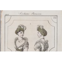 Nakrycia głowy ok 1805, w stylu Empire, z serii: Costume Parisien. Francja, 1805 r.